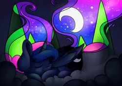 Size: 7016x4961 | Tagged: safe, artist:cutepencilcase, derpibooru import, princess luna, alicorn, pony, absurd resolution, cloud, crescent moon, freckles, moon, sleeping, smiling, solo, sweet dreams fuel, transparent moon