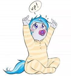 Size: 840x898 | Tagged: safe, artist:askbubblelee, derpibooru import, oc, oc:bubble lee, unofficial characters only, anthro, unicorn, anthro oc, baby, baby pony, clothes, crying, cute, female, foal, footed sleeper, freckles, hnnng, image, lined paper, looking up, ocbetes, pacifier, pajamas, png, solo, teary eyes, upsies, wip, younger