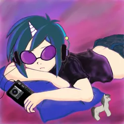 Size: 1024x1024 | Tagged: artist:70nywuvschizuru, dead source, derpibooru import, glasses, horned humanization, human, humanized, octavia melody, safe, sleeping, solo, sunglasses, vinyl scratch, walkman