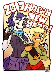 Size: 876x1200 | Tagged: safe, artist:siden, derpibooru import, applejack, rarity, oc, oc:ivory, oc:sparkling cider, anthro, alternate universe, bottle, cider, clothes, female, happy new year, happy new year 2017, lesbian, looking at you, rarijack, shipping, ultimare universe