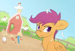 Size: 1200x823 | Tagged: safe, artist:pony-butt-express, derpibooru import, scootaloo, chicken, bandage, feather, scootachicken, scooter