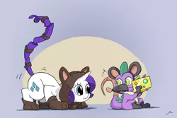 Size: 3600x2400 | Tagged: safe, artist:docwario, derpibooru import, rarity, spike, cat, mouse, animal costume, cat costume, cheese, clothes, costume, cute, duo, food, gem, imminent pounce, looking back, mouse costume, raribetes, raricat, roleplaying, spikabetes