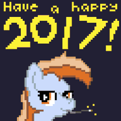 Size: 512x512 | Tagged: safe, artist:phat_guy, derpibooru import, oc, oc:darkest hour, unofficial characters only, earth pony, pony, 2017, animated, blue background, bouncing, bust, caption, dark background, english, eyes half closed, female, fireworks, gif, happy new year 2017, mare, mouth hold, pixel art, portrait, simple background, smiling, solo, sparkler (firework), sparks