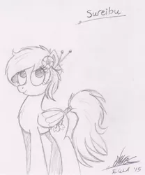 Size: 1246x1500 | Tagged: safe, artist:ncmares, derpibooru import, oc, oc:sureibu, unofficial characters only, pegasus, pony, flower, flower in hair, grayscale, monochrome, smiling, solo, traditional art