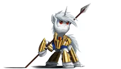 Size: 2500x1429 | Tagged: safe, artist:ncmares, derpibooru import, oc, oc:ultima, unofficial characters only, pony, unicorn, armor, simple background, solo, spear, weapon, white background