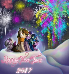 Size: 1263x1354 | Tagged: safe, artist:stuflox, derpibooru import, twilight sparkle, twilight sparkle (alicorn), oc, oc:drawingamer, oc:synthesia monsparkle, alicorn, pegasus, pony, unicorn, 2017, clothes, cup, fireworks, happy new year, happy new year 2017, monsparkle, scarf, snow