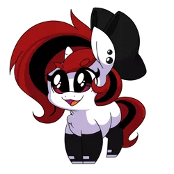 Size: 1280x1280 | Tagged: safe, artist:quarantinedchaoz, derpibooru import, oc, oc:lilith, unofficial characters only, pony, bow, chibi, clothes, ear piercing, earring, gloves, hair bow, jewelry, latex socks, open mouth, piercing, smiling, socks, solo