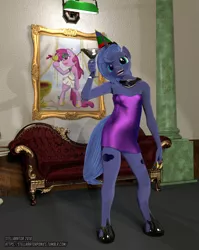 Size: 1020x1280 | Tagged: 3d, alcohol, anthro, artist:bamboodog, artist:creatorofpony, artist:juicedane, artist:stellarator, blender, clothes, crown, cycles, derpibooru import, dress, drunk, drunk luna, female, filly, happy new year, hipposandals, jewelry, looking at you, party, peytral, princess luna, regalia, s1 luna, safe, solo, unguligrade anthro, younger