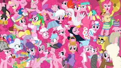 Size: 1920x1080 | Tagged: safe, artist:eagle1division, derpibooru import, chancellor puddinghead, fluttershy, gummy, pinkie pie, beaver, earth pony, pony, animal costume, apron, balloon, bowler hat, bubble pipe, catsuit, cherry sorter outfit, chicken pie, chicken suit, clothes, collage, costume, deerstalker, diaper, dress, female, flour, gala dress, goggles, hard hat, hat, jester, jester pie, lampshade, madame pinkie, mare, multeity, night vision goggles, not fluttershy, partycorn, piggie pie, pipe, saloon dress, saloon pinkie, skates, solo, too much pink energy is dangerous, turban, wallpaper, workout outfit