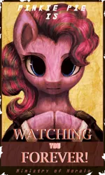 Size: 1000x1667 | Tagged: safe, artist:aschenstern, derpibooru import, pinkie pie, earth pony, pony, fallout equestria, fanfic, clothes, fanfic art, female, forever, hooves, looking at you, mare, ministry mares, ministry of morale, pinkie pie is watching you, poster, propaganda, smiling, solo, text