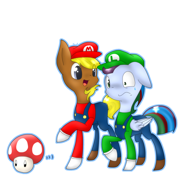 Size: 1500x1500 | Tagged: safe, artist:jisuppe, derpibooru import, oc, oc:pizza frenzy, oc:thunder clash, unofficial characters only, earth pony, pegasus, pony, 1-up mushroom, clothes, cosplay, costume, luigi, male, mario, offspring, parent:cheese sandwich, parent:pinkie pie, parent:rainbow dash, parent:soarin', parents:cheesepie, parents:soarindash, simple background, stallion, super mario bros., transparent background