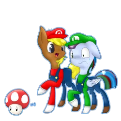 Size: 1500x1500 | Tagged: safe, artist:jisuppe, derpibooru import, oc, oc:pizza frenzy, oc:thunder clash, unofficial characters only, earth pony, pegasus, pony, 1-up mushroom, clothes, cosplay, costume, luigi, male, mario, offspring, parent:cheese sandwich, parent:pinkie pie, parent:rainbow dash, parent:soarin', parents:cheesepie, parents:soarindash, simple background, stallion, super mario bros., transparent background