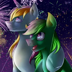 Size: 1280x1280 | Tagged: safe, artist:rinikka, derpibooru import, oc, oc:blazing sun, oc:green bean, unofficial characters only, earth pony, pony, unicorn, commission, cute, fireworks, new year, night