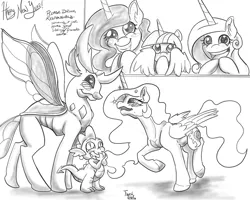 Size: 1024x820 | Tagged: safe, artist:firimil, derpibooru import, princess cadance, princess celestia, princess luna, spike, thorax, twilight sparkle, twilight sparkle (alicorn), alicorn, changedling, changeling, pony, alicorn tetrarchy, blushing, drunk, drunklestia, flirting, grin, king thorax, male, monochrome, shipping, smiling, straight, thoralestia