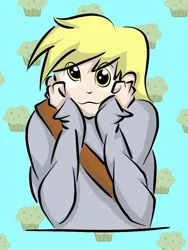 Size: 768x1024 | Tagged: :3, artist:idioticsilhouette, derpibooru import, derpy hooves, food, human, humanized, looking at you, muffin, safe, solo