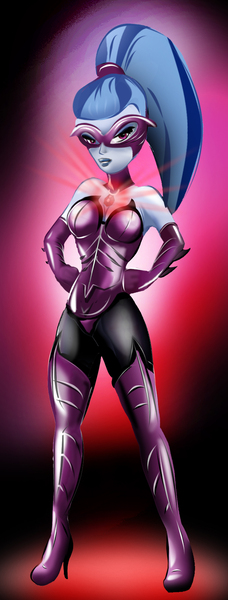 Size: 678x1782 | Tagged: safe, artist:ltrm35a2, derpibooru import, sonata dusk, equestria girls, boots, clothes, collar, evening gloves, gloves, leotard, mask, solo, supervillain