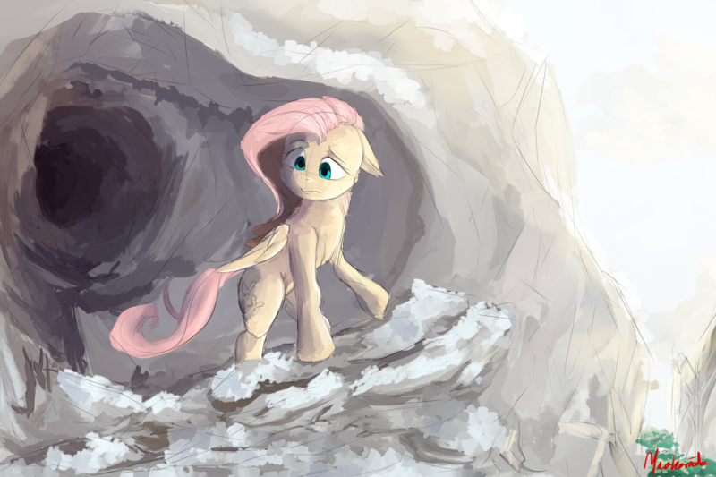 Size: 1800x1200 | Tagged: artist:miokomata, cave, derpibooru import, floppy ears, fluttershy, safe, snow, solo