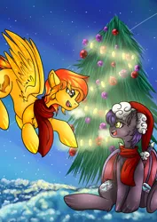 Size: 2893x4092 | Tagged: safe, artist:fkk, derpibooru import, oc, oc:dawn sentry, oc:firetale, unofficial characters only, bat pony, pegasus, pony, absurd resolution, bat pony oc, christmas, christmas tree, clothes, commission, cute, female, flying, happy new year, hat, holiday, mare, santa hat, scarf, snow, tree, ych result