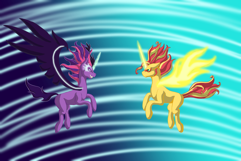 Size: 3000x2000 | Tagged: safe, artist:vchart920, derpibooru import, sci-twi, sunset shimmer, twilight sparkle, ponified, pony, equestria girls, daydream shimmer, equestria girls ponified, fight, midnight sparkle