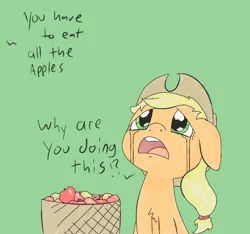 Size: 715x669 | Tagged: safe, artist:happy harvey, derpibooru import, applejack, earth pony, pony, apple, basket, chest fluff, crying, cute, dialogue, drawn on phone, female, floppy ears, food, green background, hat, jackabetes, looking up, mare, meme, offscreen character, open mouth, out of character, simple background, solo, you have to eat all the eggs