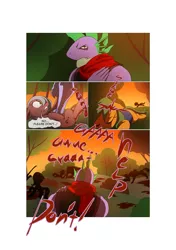 Size: 3541x5016 | Tagged: semi-grimdark, artist:gashiboka, derpibooru import, spike, oc, dragon, earth pony, pony, comic:recall the time of no return, absurd resolution, blood, comic, female, imminent death, implied death, mare, older, older spike, silhouette