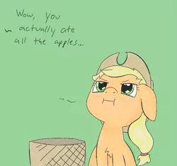 Size: 715x669 | Tagged: safe, artist:happy harvey, derpibooru import, applejack, earth pony, pony, ..., :i, angry, basket, chest fluff, cute, dialogue, drawn on phone, female, floppy ears, food, fuck you i can eat all these apples, glare, hat, jackabetes, large belly, looking up, mare, meme, offscreen character, over eating, solo, you have to eat all the eggs