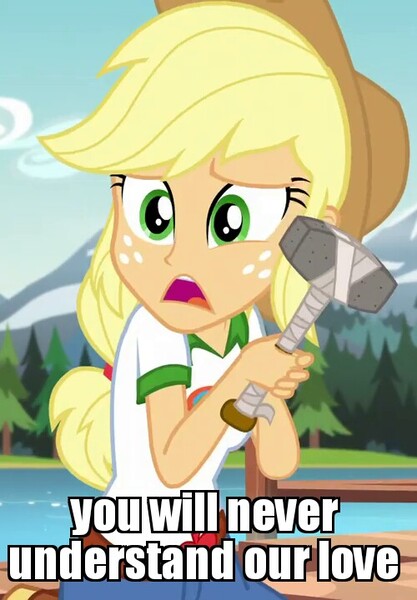 Size: 500x720 | Tagged: safe, derpibooru import, edit, edited screencap, screencap, applejack, equestria girls, legend of everfree, caption, cargo ship, cropped, hammer, hammerjack, image macro, meme, river, shipping, solo, tree, you will never x