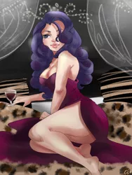 Size: 3000x4000 | Tagged: alcohol, artist:mrscurlystyles, bed, big lips, breasts, busty rarity, cleavage, clothes, derpibooru import, dress, feet, female, glass, happy new year, happy new year 2017, human, humanized, leopard print, on bed, pillow, rarity, sexy, side slit, solo, solo female, stupid sexy rarity, suggestive, wine, wine glass