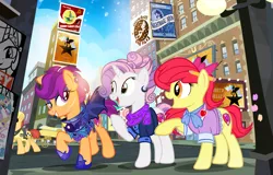 Size: 1300x830 | Tagged: safe, artist:pixelkitties, derpibooru import, apple bloom, gummy, nightmare moon, princess celestia, scootaloo, sweetie belle, unnamed pony, alicorn, bat pony, earth pony, pegasus, pony, unicorn, adorabloom, alternate hairstyle, background pony, billboard, bridleway, carriage, clothes, cute, cutealoo, cutie mark, cutie mark crusaders, diasweetes, ear piercing, female, hamilton, lens flare, manehattan, mare, night guard, obey, older, older apple bloom, older scootaloo, older sweetie belle, piercing, raised hoof, scar, shadowbolts, taxi, taxi pony, the cmc's cutie marks