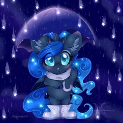 Size: 1024x1024 | Tagged: safe, artist:silent-shadow-wolf, derpibooru import, princess luna, pony, bipedal, boots, both cutie marks, chibi, chubby, chubby cheeks, clothes, colored pupils, crown, cute, ear fluff, jewelry, lunabetes, rain, regalia, scarf, solo, starry mane, stars, umbrella