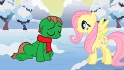Size: 1190x670 | Tagged: safe, derpibooru import, fluttershy, oc, oc:ian, earth pony, pegasus, pony, canon x oc, cheering up, clothes, eyes closed, female, floppy ears, frown, male, mare, ms paint, rankin/bass, sad, scarf, self insert, shipping, sitting, smiling, snow, spread wings, stallion, trace, winter