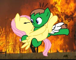 Size: 964x750 | Tagged: artist needed, safe, derpibooru import, fluttershy, oc, oc:ian, pegasus, pony, canon x oc, carrying, eyes closed, female, fire, flying, forest, forest fire, hug, kissing, male, mare, ms paint, self insert, shipping, spread wings, stallion, straight, trace