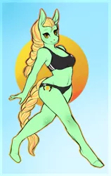 Size: 753x1193 | Tagged: safe, artist:beautifulserendipity, artist:box-cat, derpibooru import, oc, oc:amber waves, unofficial characters only, anthro, earth pony, unguligrade anthro, belly button, bikini, braid, braided tail, clothes, female, hooves, midriff, solo, swimsuit