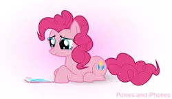 Size: 4999x2900 | Tagged: safe, artist:uliks-uliks, derpibooru import, pinkie pie, earth pony, pony, absurd resolution, crack, cracked, cracks, crying, cute, diapinkes, female, frown, gradient background, iphone, looking down, mare, nose wrinkle, prone, sad, sadorable, solo