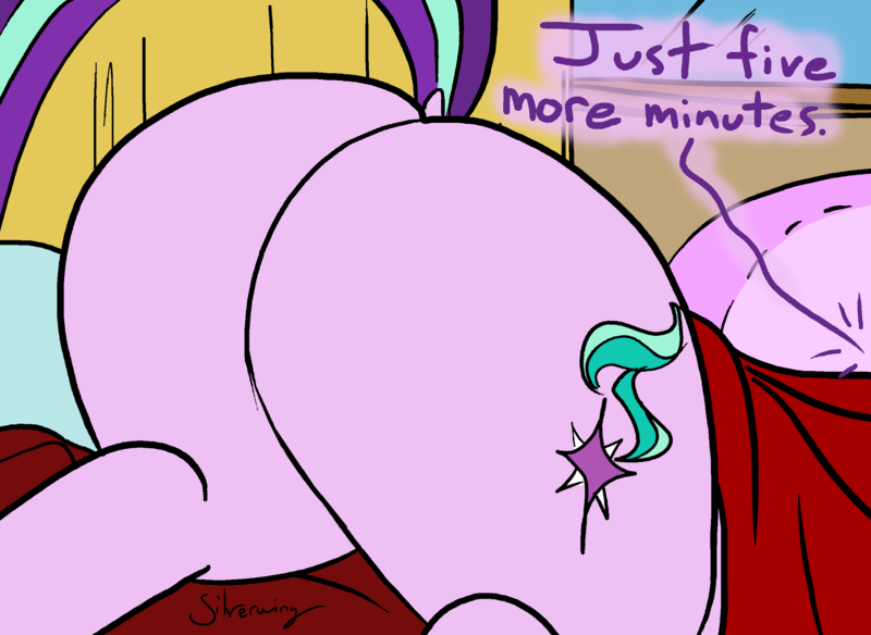 Size: 2508x1830 | Tagged: safe, artist:silverwing, derpibooru import, starlight glimmer, pony, ass up, bed, bedroom, blanket, butt, butt only, close-up, cute, dialogue, dock, female, glimmer glutes, mare, plot, sleeping, sleepy, solo, tail