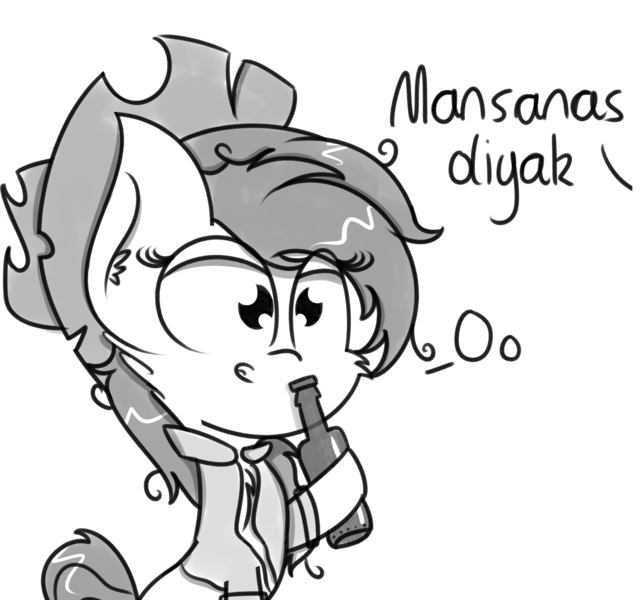 Size: 3149x2935 | Tagged: artist:pastelhorses, beer bottle, chest fluff, clothes, derpibooru import, fillipino, grayscale, hat, international aj, international coalition of applehorses, monochrome, not applejack, oc, oc:mansanasdiyak, safe, shirt, solo, unofficial characters only