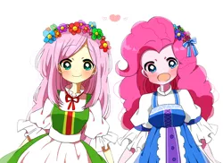 Size: 1200x874 | Tagged: safe, artist:lotte, derpibooru import, fluttershy, pinkie pie, equestria girls, beautiful, clothes, cute, diapinkes, dress, floral head wreath, flower, flower in hair, holding hands, looking at you, shyabetes, simple background, white background