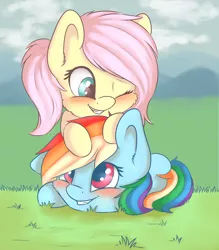 Size: 2100x2400 | Tagged: safe, artist:dbleki, derpibooru import, fluttershy, rainbow dash, pony, blushing, cheek fluff, cuddle puddle, cuddling, cute, female, fluffy, fluffyball, flutterdash, grass, hug, lesbian, one eye closed, playing, pony pile, shipping, smiling