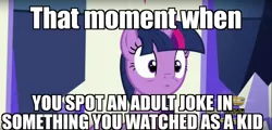 Size: 1360x652 | Tagged: safe, derpibooru import, edit, edited screencap, screencap, twilight sparkle, twilight sparkle (alicorn), alicorn, pony, the one where pinkie pie knows, caption, childhood ruined, image macro, meme, obligatory pony, solo, surprised, throne, when x and y