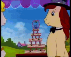 Size: 450x360 | Tagged: safe, derpibooru import, screencap, cheval, meadowlark, pony, my little pony tales, sister of the bride, animated, bipedal, chevalark, female, g1, gif, kissing, male, marriage, meadowval, ring, shipping, straight, wedding, wedding cake, wedding ring