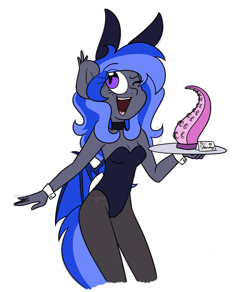 Size: 870x1080 | Tagged: questionable, artist:sweetfilthyfun, derpibooru import, oc, oc:starfall, unofficial characters only, anthro, bat pony, bunny ears, bunny suit, bunny tail, clothes, collar, cufflinks, cuffs (clothes), leotard, platter, sex toy, solo, tentacles, tights, tray