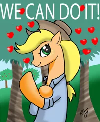 Size: 1024x1250 | Tagged: safe, artist:koku-chan, derpibooru import, applejack, earth pony, pony, apple tree, parody, poster, rolled up sleeves, rosie the riveter, signature, solo, tree, we can do it!
