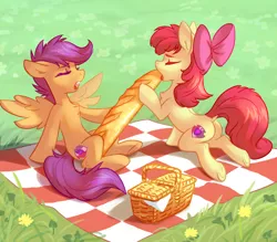 Size: 1000x876 | Tagged: suggestive, artist:tomatocoup, derpibooru import, apple bloom, scootaloo, earth pony, pegasus, pony, baguette, basket, bow, bread, chest fluff, cutie mark, dock, eyes closed, female, filly, flower, foalcon, food, grass, hair bow, lolwut, misleading thumbnail, not porn, open mouth, picnic, picnic basket, picnic blanket, plot, sex food, sitting, spread wings, suggestive eating, the cmc's cutie marks, tongue out, underhoof, wat
