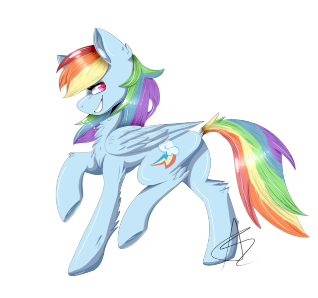 Size: 1024x960 | Tagged: safe, artist:bunnzee, derpibooru import, rainbow dash, pegasus, pony, backwards cutie mark, chest fluff, dock, fluffy, grin, looking back, raised hoof, raised leg, signature, simple background, smiling, smirk, solo, transparent background, underhoof