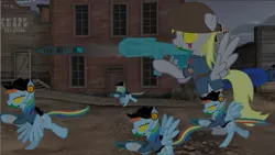 Size: 667x375 | Tagged: safe, artist:darkgloones, derpibooru import, screencap, derpy hooves, rainbow dash, pegasus, pony, zombie, zombie pony, bomb, female, ghost town, giant derpy hooves, giant pony, gun, mann vs machine, mare, medigun, mvm, night, quick fix, rocket, rocket launcher, scattergun, scout, soldier, team fortress 2, the original, wave 666, weapon, youtube link