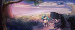 Size: 2200x880 | Tagged: safe, artist:cometakat, derpibooru import, octavia melody, vinyl scratch, female, forest, grass, lesbian, scratchtavia, shipping