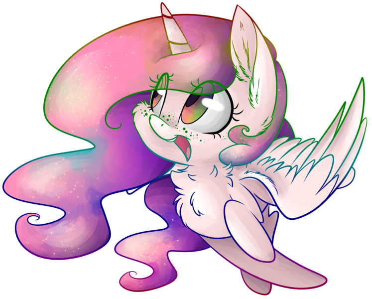 Size: 5622x4513 | Tagged: safe, artist:cutepencilcase, derpibooru import, princess celestia, alicorn, pony, absurd resolution, cewestia, chest fluff, cute, cutelestia, ear fluff, female, filly, fluffy, freckles, happy, pink mane, pink-mane celestia, simple background, solo, transparent background, younger