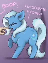 Size: 1380x1800 | Tagged: safe, artist:buttersprinkle, derpibooru import, trixie, human, pony, unicorn, adorable distress, behaving like a cat, boop, buttersprinkle is trying to murder us, chest fluff, cute, descriptive noise, dialogue, diatrixes, eyes closed, female, floppy ears, fluffy, hand, hissing, mare, non-consensual booping, nose wrinkle, offscreen character, open mouth, raised hoof, scrunchy face, solo focus, trapped