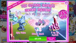 Size: 1334x750 | Tagged: safe, derpibooru import, official, screencap, princess flurry heart, spike, crystal pony, pony, advertisement, costs real money, crack is cheaper, crystal empire, crystallized, drama, gameloft, greedloft, ios, iphone, meme, spike statue, statue, time's running out, why gameloft why