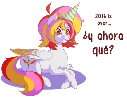 Size: 1600x1229 | Tagged: safe, artist:souladdicted, derpibooru import, oc, oc:pepper doll, unofficial characters only, pegasus, pony, 2017, dialogue, female, happy new year, happy new year 2017, hat, mare, multicolored hair, party hat, red eyes, simple background, solo, spanish, transparent background